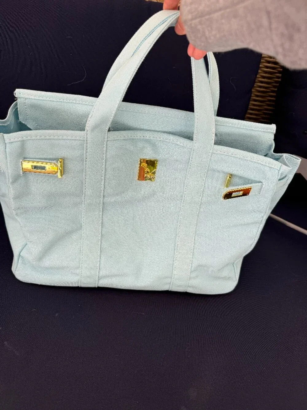 NWOT Boatkin Birkin Canvas Bag Tote Light Blue Gold Color Hardware